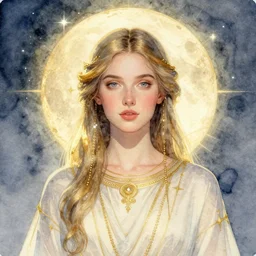 watercolor portrait of a beautiful lunar priestess, gilding, celestial aura, radiant lighting, artgerm, gilded, artstation