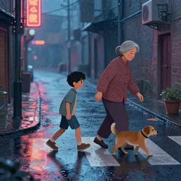 a matte painting of a young boy and his pet dog helping an old woman to cross a street, rainy evening, water reflection on the floor, neon, next to alley.