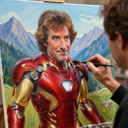 a closeup photorealistic photograph of bob ross working on a canvas painting of iron man bob ross. lit studio, mountain scape. film still, vibrant colors. this 4 k hd image is trending on artstation, featured on behance, well - rendered, extra crisp, features intricate detail, epic composition and the style of unreal engine.