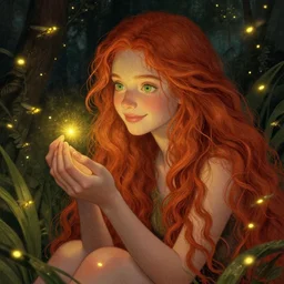 a young woman, admiring the lights of golden fireflies, sitting in the midst of nature fully covered, long loose red hair, intricate linework, green eyes, small nose with freckles, oval shape face, soft happy smile, realistic, expressive emotions, mystical scene, hyper realistic ultrafine detailed illustration by james jean