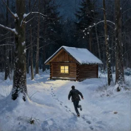 snowy forest night scene depicting a single wooden cabin surrounded by the woods with one bright window. a man running away from it leaving footprints in snow. horror. dark contrast. oil painting.