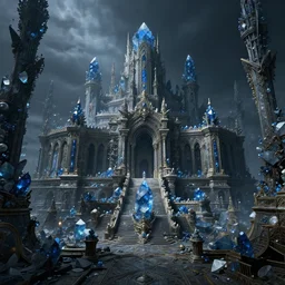 dark fantasy, ruined city with palace made out of blue quartz in the middle, cinematic, ultrarealistic, intricate detail, finely detailed, small details, extra detail, high resolution, volumetric lighting, octane render, 8 k, ultradetailed, photorealistic