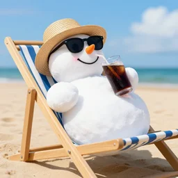 low angle shot of snowman! wearing sunglasses and straw hat, drinking cold soda, lying on deckchair, sandy beach, beautiful sunny day, photorealistic image ultra detailed, high resolution, trending at artstation