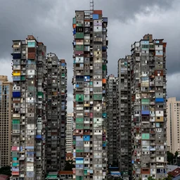 many high towers, made up of makeshift squatter shacks with faded colours, dystopia, hasselblad x 1 d, moody sky at the back, fully frontal view, very detailed, ultra sharp, photographed by araki