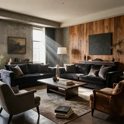 god rays, a tastefully decorated living room with dark luxurious furnishings, and a mix of antique and modern furniture, and a mix of concrete and wood finishes