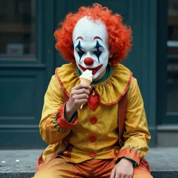 uhd closeup of a sad clown on sitting a ledge eating ice cream in the style of tonalism