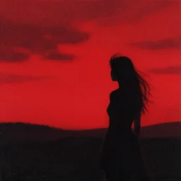 hilghly detailed abstract drawing of a red night sky with a woman silhouette in foreground