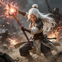 dragon age character wynne, white long hair in bun, gritting teeth, determined to win, holding magical staff, shooting magic, middle of battle, battle damage, mid fight, full body, epic, d and d, cinematic, dynamic lighting, concept art, rich color, bioware, by greg rutkowski