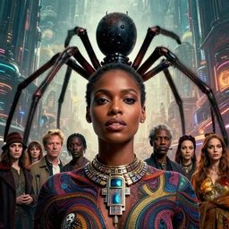realistic detailed closeup portrait movie shot of a beautiful black woman with a giant spider, dystopian city landscape background by denis villeneuve, amano, yves tanguy, alphonse mucha, max ernst, kehinde wiley, caravaggio, roger dean, cyber necklace, rich moody colours, sci fi patterns, wide angle