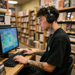 jacksepticeye playing a video game in a bookstore