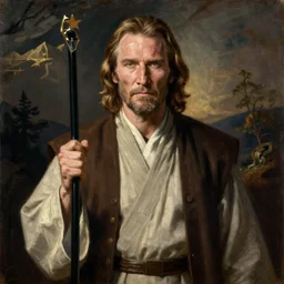 renaissance oil painting of liam neeson as jedi master qui - gon jinn