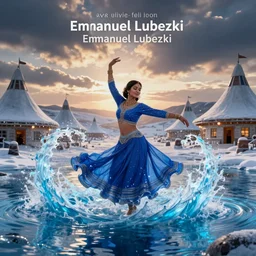 VFX movie of a Indian woman in blue dancing with magic flowing waves of antigravity water in an Eskimo village by Emmanuel Lubezki