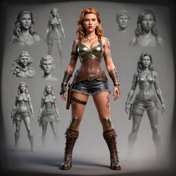scarlett johansson as an armored tattooed pinup rockabilly warrior, character sheet, concept design, contrast, hot toys, 3 d print, kim jung gi, greg rutkowski, zabrocki, karlkka, jayison devadas, trending on artstation, 8 k, 3 d model, photo, realistic, octane render, ultra wide angle, pincushion lens effect