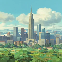 skyline, Details, illustration , in the style of Studio ghibli, breath of the wild, myazaki, anime, clean render, denoise, rule of thirds