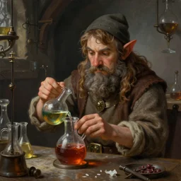 a highly detailed portrait painting of a young dwarf mixing a potion in medieval lab, hires, 4 k, artstation, deviantart