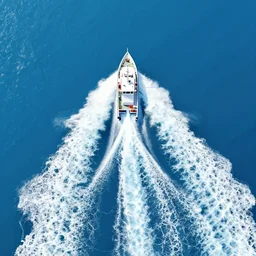 vector art, birds eye view, a boat speeding across fresh blue water, the boat wake leaves a beautiful geometric pattern with white foamy lines in the blue water
