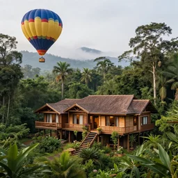 big house on the rainforest with a hot air ballon