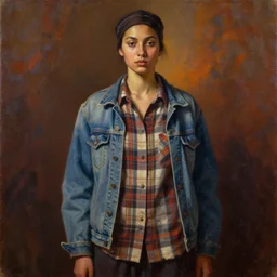 detailed full body portrait in strong femininity, ethnic happa, realistic face sculpted features, statuesque model, worn plaid shirt untucked and denim jacket, warm glow, bathed in light, filmic, chiaroscuro, specular highlights, angular impressionism, radiosity, deep rich tones, contemporary art, oil on canvas