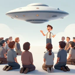 a picture of a happy subgenius - salesman at a alter speaking to a crowd of kneeling cultists, a ufo in the sky, sunrise, a detailed matte painting by mort kunstler, pixiv, kitsch movement, city background, movie poster, official art