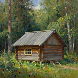 one log cabin in the thick forest, beautiful painting, oil on canvas, by Ewa Czarniecka, award winning masterpiece,