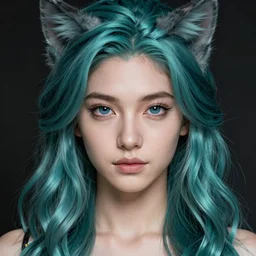 centered detailed portrait of a extremely beautiful young woman cat and elves hybrid, symmetrical, long wavy teal hair, sharp focus on the eyes, final fantasy, details, intricate, octane render, smooth face, illustration, hyperrealistic, by wlop and dmitry prozorov, artgerm, artstation,