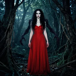 in the style of joshua middleton, artgerm, full body, pretty alyson hannigan, evil dead demon, evil dead movie, red dress, joshua middleton, full body, symmetrical eyes, symmetrical face, long curly black hair, trees, forest, branches, full body, cinematic lighting, evil dead creature, scary
