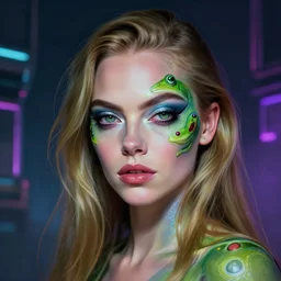 a portrait of cara delevingne like frog makeup, cyberpunk, fantasy, neon lights, sharp focus, intricate, elegant, digital painting, artstation, matte, highly detailed, concept art, illustration, ambient lighting, art by ruan jia and artgerm and range murata and wlop and ross tran and william, adolphe bouguereau and beeple