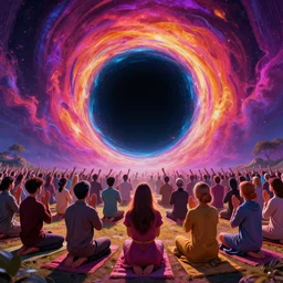 People praying to 1 Black Hole, vibrant colors, 8k photorealistic, HD, high details, trending on artstation