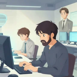 programmer, man with beard, computer by hisashi eguchi, kentaro miura, and yoshitaka amano, soft colors, futuristic, 8 k