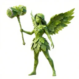 a girl with wings made of leaves, she is holding a mace, concept art by muggur, white dress, artstation contest winner, fantasy art, concept art, 2 d game art, tarot card
