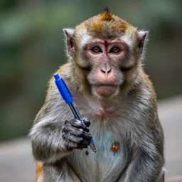 photograph of a monkey holding a blue pen towards the camera, 4 k, full hd, highly detailed