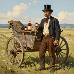 alex jones as a 1 9 th century traveling medicine salesman wearing a top hat, selling purported miracle tonics out of a chuckwagon, western art by howard terpning