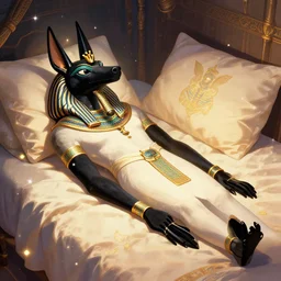 anubis, egyptian art, lying in bed, sparkles all around, fantasy digital art, wow, stunning, hight quality
