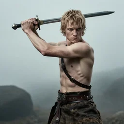 a young peter sarsgaard, skinny, dressed as barbarian swinging a sword