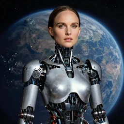 portrait of natalie portman wearing cyborg robotic gear, future planet in background, by william bouguereau and lord federic leighton