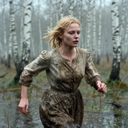 movie still close - up of a blonde woman in a dirty dress running in a swamp with birch forest, snow, cinestill 8 0 0 t 3 5 mm by tarkovsky, heavy grain, high quality, high detail, mud, fog, rain