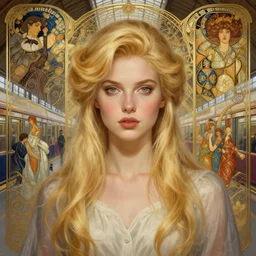 character concept portrait of a! beautiful blond woman!!!, ( ( ( in a train station ) ) ), intricate, elegant, highly detailed, digital painting, artstation, concept art, symmetry, smooth, sharp focus, illustration, art by artgerm and rutkowski and mucha by theodore ralli and nasreddine dinet and anders zorn and nikolay makovsky and
