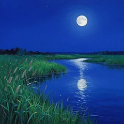 landscape, water body, shore in reeds and grass, water and night sky of the same color, stars in the sky, white moon, reeds and moon reflected in the water, moon track on the water, small fireflies, acrylic painting, dark palette, blue colors, marsh color reeds, super detailed, super sharp focus, bright colors, by kawase hasui