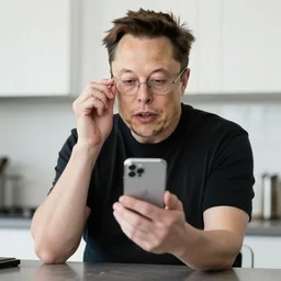 elon musk using glasses and grabbing an iphone while hes cooking