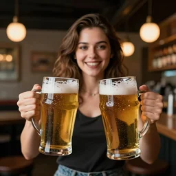 beer advertise still - close portrait pretty girl carries two big glasses of beer, modern pub, reflections, sharp focus, bokeh effect, octane render, rtx, intricate details, 8 k, hyper realistic, mirrors