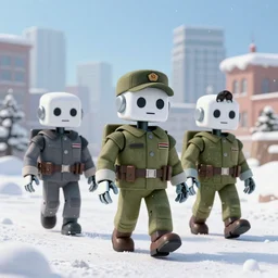 Robots with soldier clothes walking in the snow with a city in the background by Friendly Robot