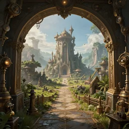 fantasy land through gateway, steampunk, highly detailed, intricate