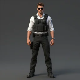 full body character design of realistic alt art special agent white button down shirt rolled up sleeves kevlar vest bullet proof sunglasses artgerm greg rutkowski trending