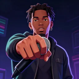 rapper holding microphone towards camera, foreshortening, extreme perspective, digital art, vapor wave, hip hop, trending on Artstation, professional artist, detailed, 4k