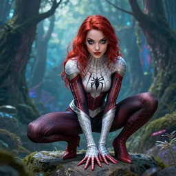 A beautiful Spiderwoman wearing armor , posing on a rock in a magical forest, super detailed and realistic face and hand, fantasy art, in the style of Artgerm, illustration, epic, fantasy, intricate, hyper detailed, artstation, concept art, smooth, sharp focus, ray tracing, vibrant