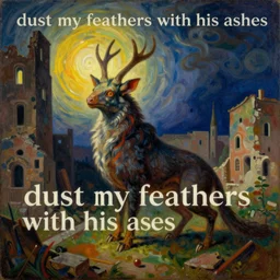 dramatic lighting colorful surrealist symbolist oil painting titled'dust my feathers with his ashes ', magical realism symbolist, ruined city landscape with hybrid animal protagonist, painted by arnold bocklin and odilon redon and max ernst, shocking detail trending on artstation 8 k