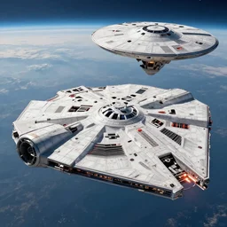 a spaceship that is a mix of USS Enterprise and Millenium Falcon
