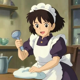 cute anime maid cleaning, character drawing, studio ghibli, animation, detailed, award winning, trending on artstation,