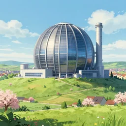an impressive big factory with a spherical architecture designed by boeing military and technodrome ninja turtles, on a hill in a beautiful landscape of the french countryside during spring season, painting by toei animation backgrounds hd and city hunter anime backgrounds hd and a few vector illustration touch, nice lighting, soft and clear shadows, low contrast, perfect composition