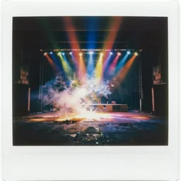 analog polaroid of an abandoned stage, smoke coming from the floor, colourful strobe lights, color bleed, lens flare